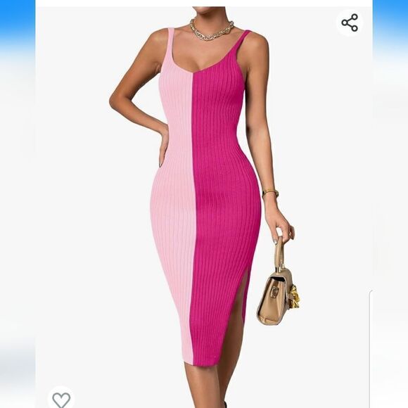 Women's 2023 Bodycon Midi Dress Colorblock Ribbed Knit Dress Pink med nwot - Picture 3 of 11